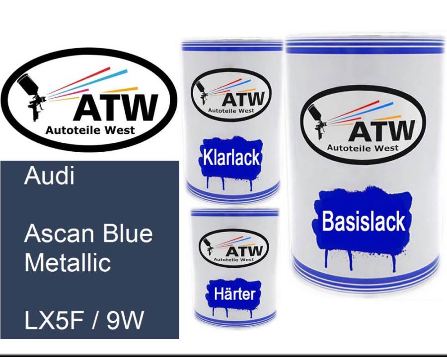 Audi, Ascan Blue Metallic, LX5F / 9W: 500ml Lackdose + 500ml Klarlack + 250ml Härter - Set, von ATW Autoteile West.